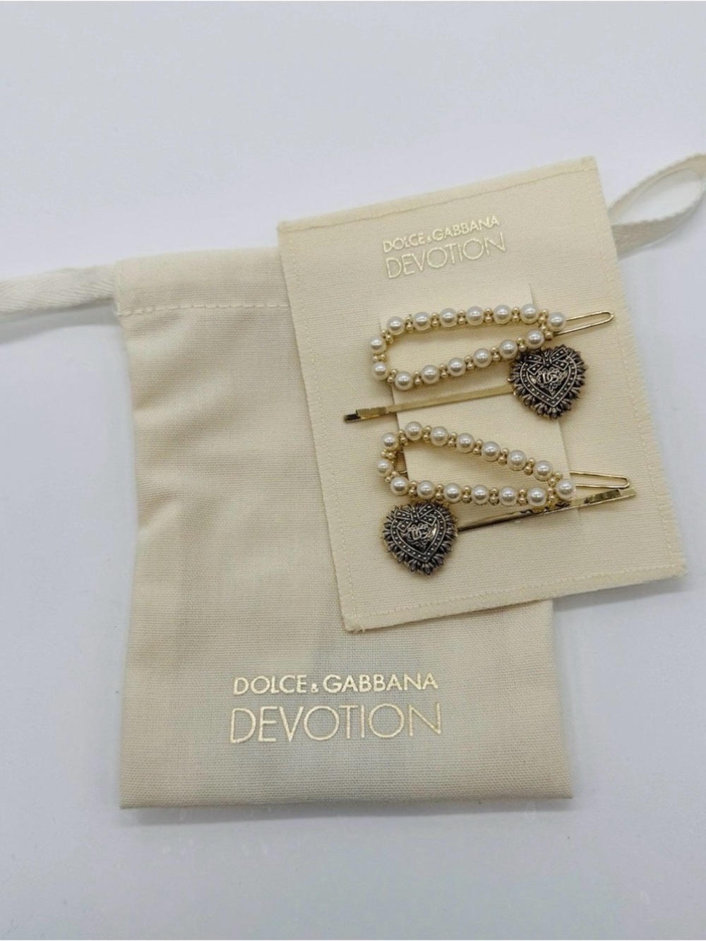 Dolce & Gabbana Devotion Pearl Heart Hair Clip Set - Cream/Gold